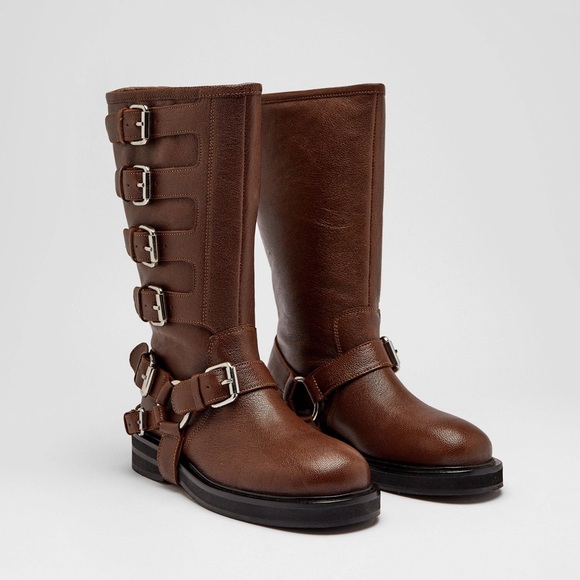 Nasty Gal Brown 100% Genuine Brown Leather Multi-Buckle Combat Boots Sz 39